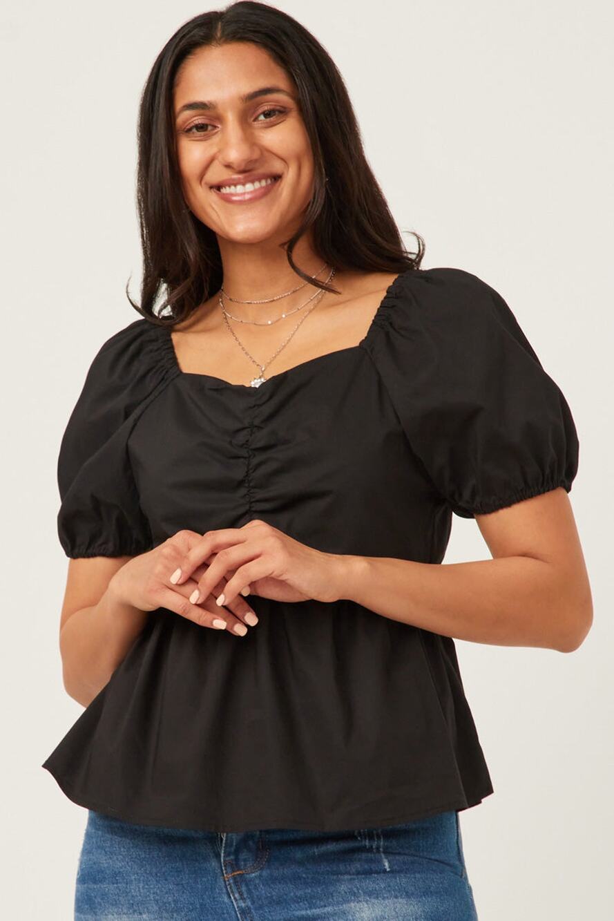 HAYDEN Destiny Misses Black Shirred Puff Sleeve Sweetheart Top Small